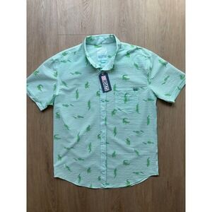 RSVLTS Mens XL Alligator Seersucker Short Sleeve Button Down Shirt Green Striped